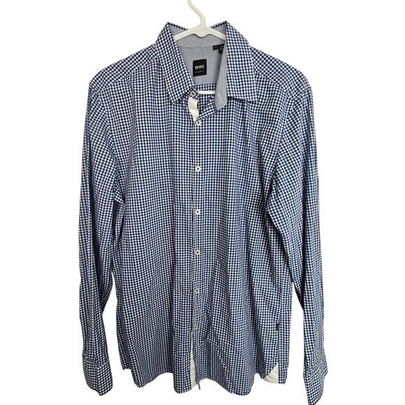 Boss Hugo Boss Shirt Blue White Checker Gingham Dress Shirt Men L Regular Fit - Picture 1 of 8